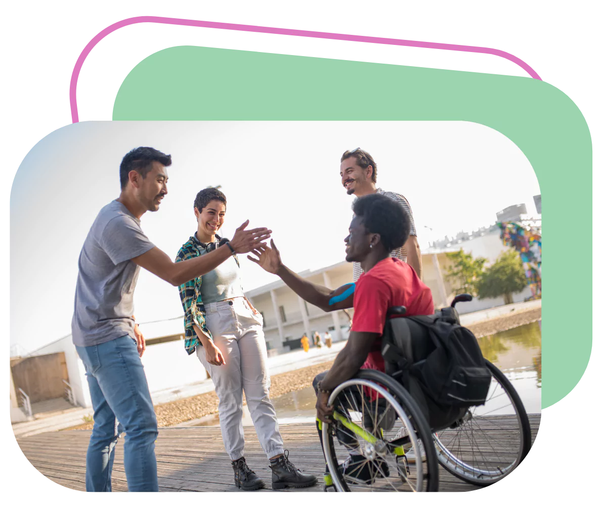 A group of friends are meeting up together at an art gallery. One of the friends is in a wheelchair